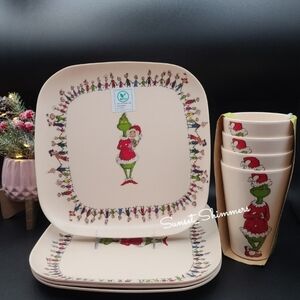 8pc Dr. Seuss GRINCH Who STOLE Christmas Square Melamine Plates & Cups set NEW